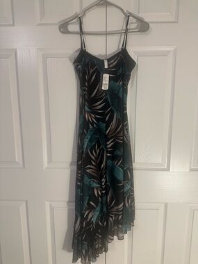 Asymmetrical Black Slip Dress with Teal Leaf Print